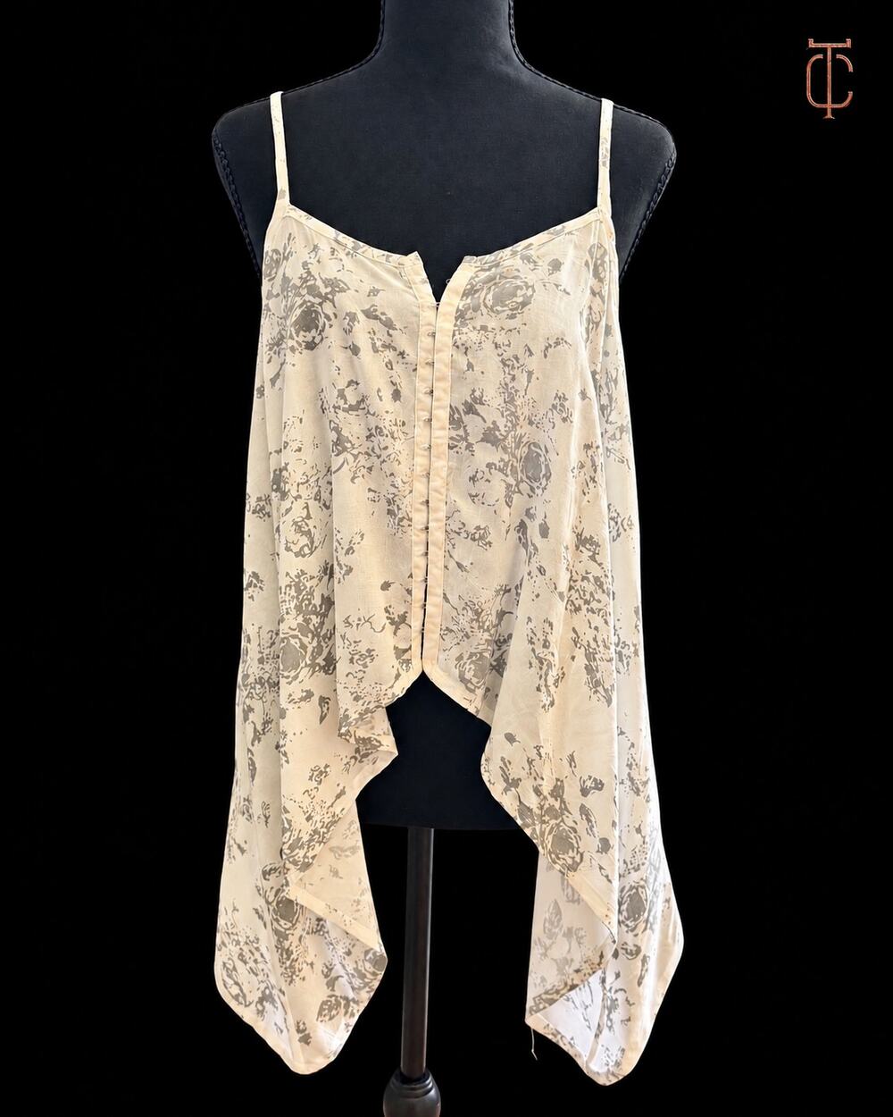 Stylestalker Women's Cream Gray Floral Handkerchief Hem Cami Top Size 2